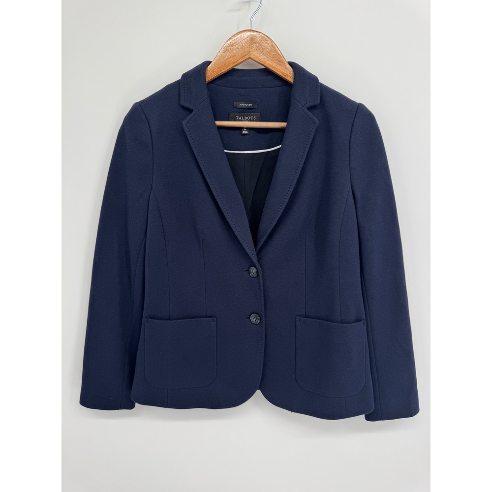 Talbots Aberdeen Blazer Women 8P Blue Knit Two Button Career Office Preppy Work